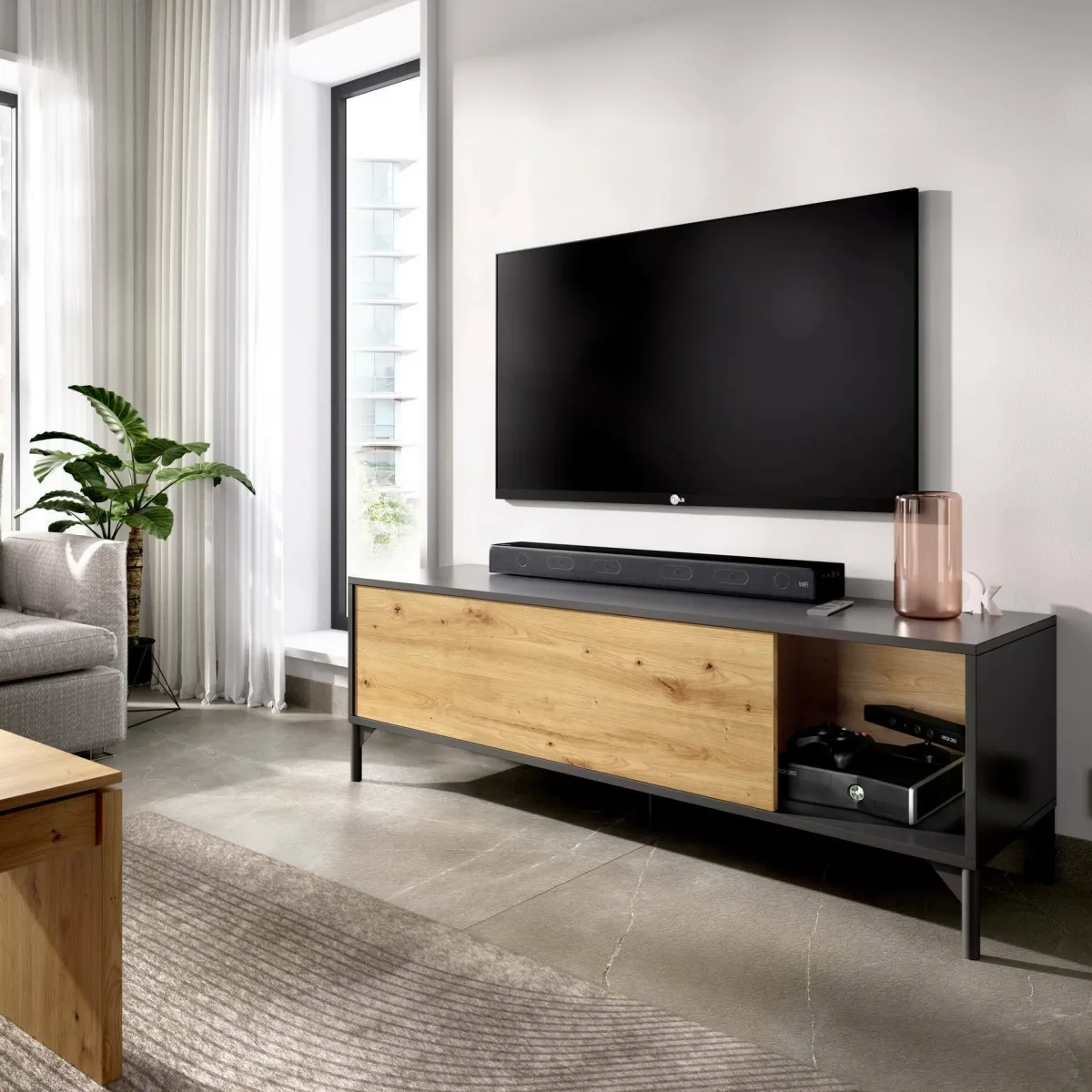 Mobili Porta Tv|Salotto > Dmora Mobile TV rovere nodi e antracite 132x38x44h cm modulabile - Porcia Nero Antracite, Marrone Rovere Nodi