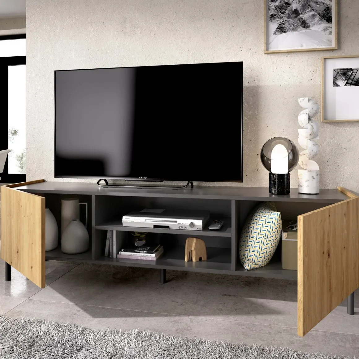 Mobile TV rovere nodi e antracite 161x35x45h cm 2 ante - Arya