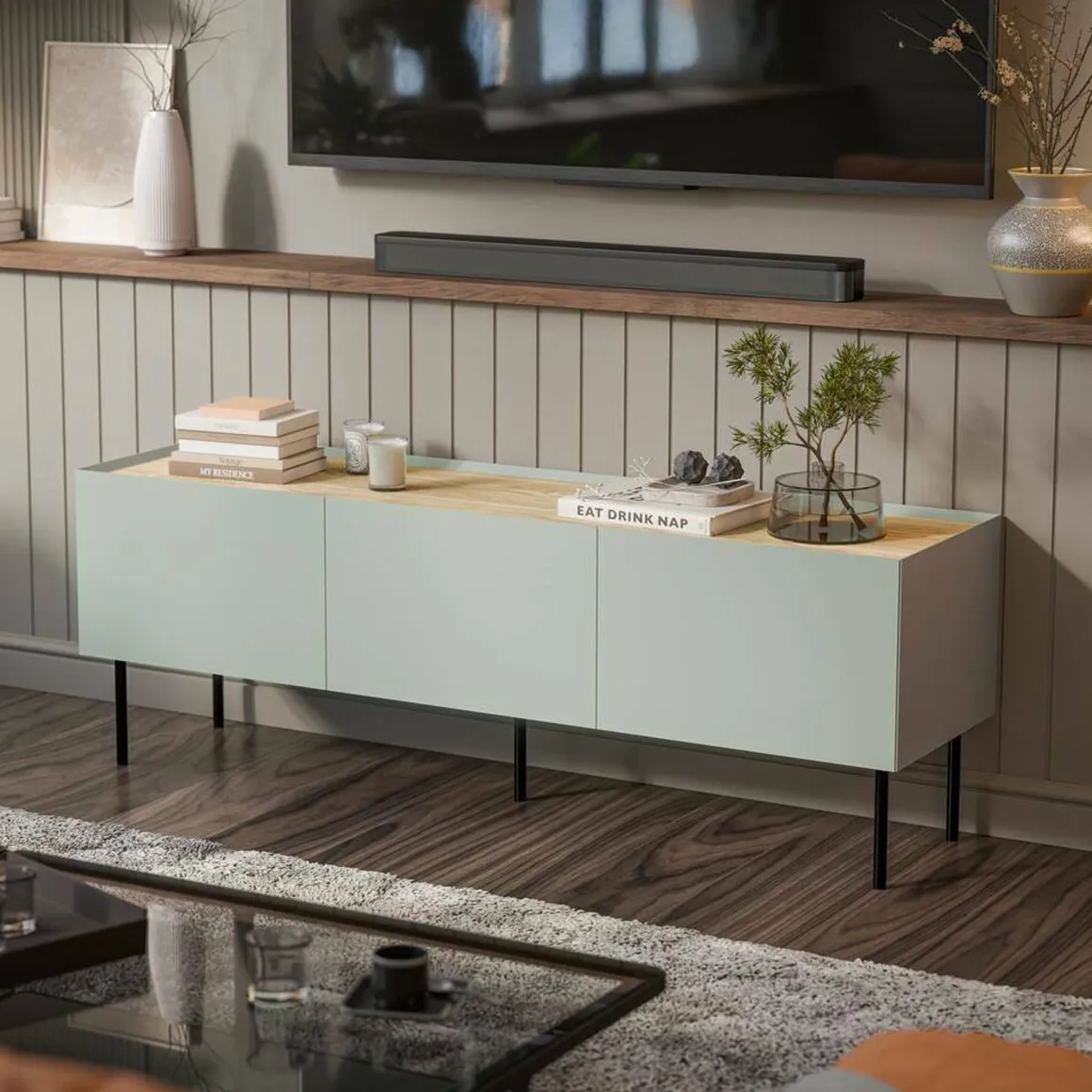 Mobili Porta Tv > Dmora Mobile TV verde e rovere 200x40x52h cm 4 ante - Scopa Marrone, Verde Rovere