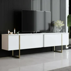 Mobili Porta Tv|Salotto > Dmora Mobile TV 180x30x50h cm Bianco e Oro con 2 Ante e Ripiano, Mobile Basso Salvaspazio in Legno e Metallo per Soggiorno Moderno – Abishia Oro, Bianco