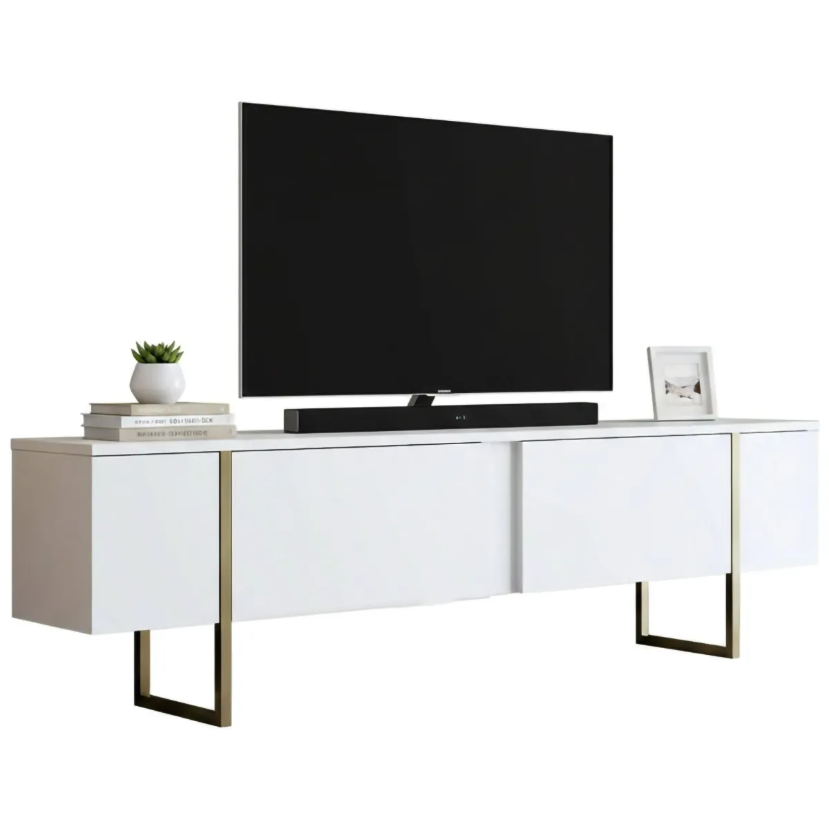 Mobili Porta Tv|Salotto > Dmora Mobile TV 180x30x50h cm Bianco e Oro con 2 Ante e Ripiano, Mobile Basso Salvaspazio in Legno e Metallo per Soggiorno Moderno – Abishia Oro, Bianco