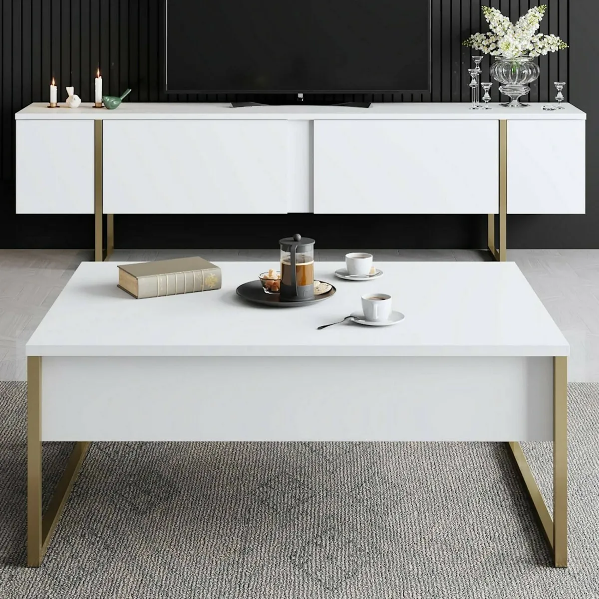 Mobili Porta Tv|Salotto > Dmora Mobile TV 180x30x50h cm Bianco e Oro con 2 Ante e Ripiano, Mobile Basso Salvaspazio in Legno e Metallo per Soggiorno Moderno – Abishia Oro, Bianco