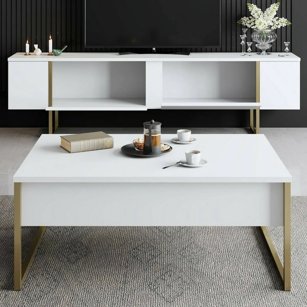 Mobili Porta Tv|Salotto > Dmora Mobile TV 180x30x50h cm Bianco e Oro con 2 Ante e Ripiano, Mobile Basso Salvaspazio in Legno e Metallo per Soggiorno Moderno – Abishia Oro, Bianco