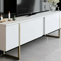 Mobili Porta Tv|Salotto > Dmora Mobile TV 180x30x50h cm Bianco e Oro con 2 Ante e Ripiano, Mobile Basso Salvaspazio in Legno e Metallo per Soggiorno Moderno – Abishia Oro, Bianco
