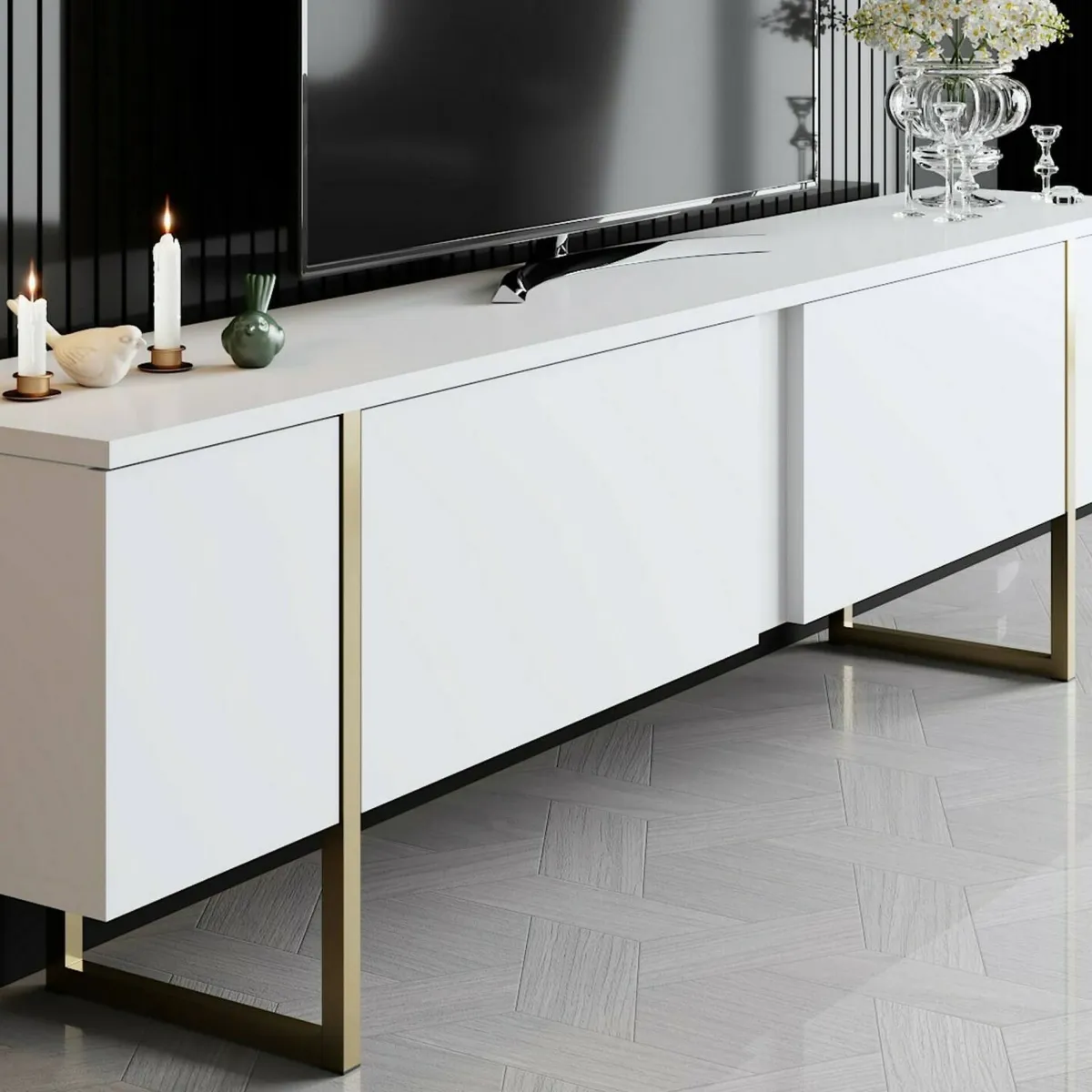 Mobili Porta Tv|Salotto > Dmora Mobile TV 180x30x50h cm Bianco e Oro con 2 Ante e Ripiano, Mobile Basso Salvaspazio in Legno e Metallo per Soggiorno Moderno – Abishia Oro, Bianco