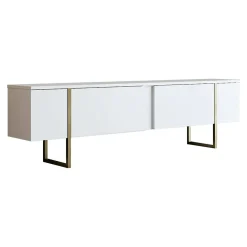 Mobili Porta Tv|Salotto > Dmora Mobile TV 180x30x50h cm Bianco e Oro con 2 Ante e Ripiano, Mobile Basso Salvaspazio in Legno e Metallo per Soggiorno Moderno – Abishia Oro, Bianco