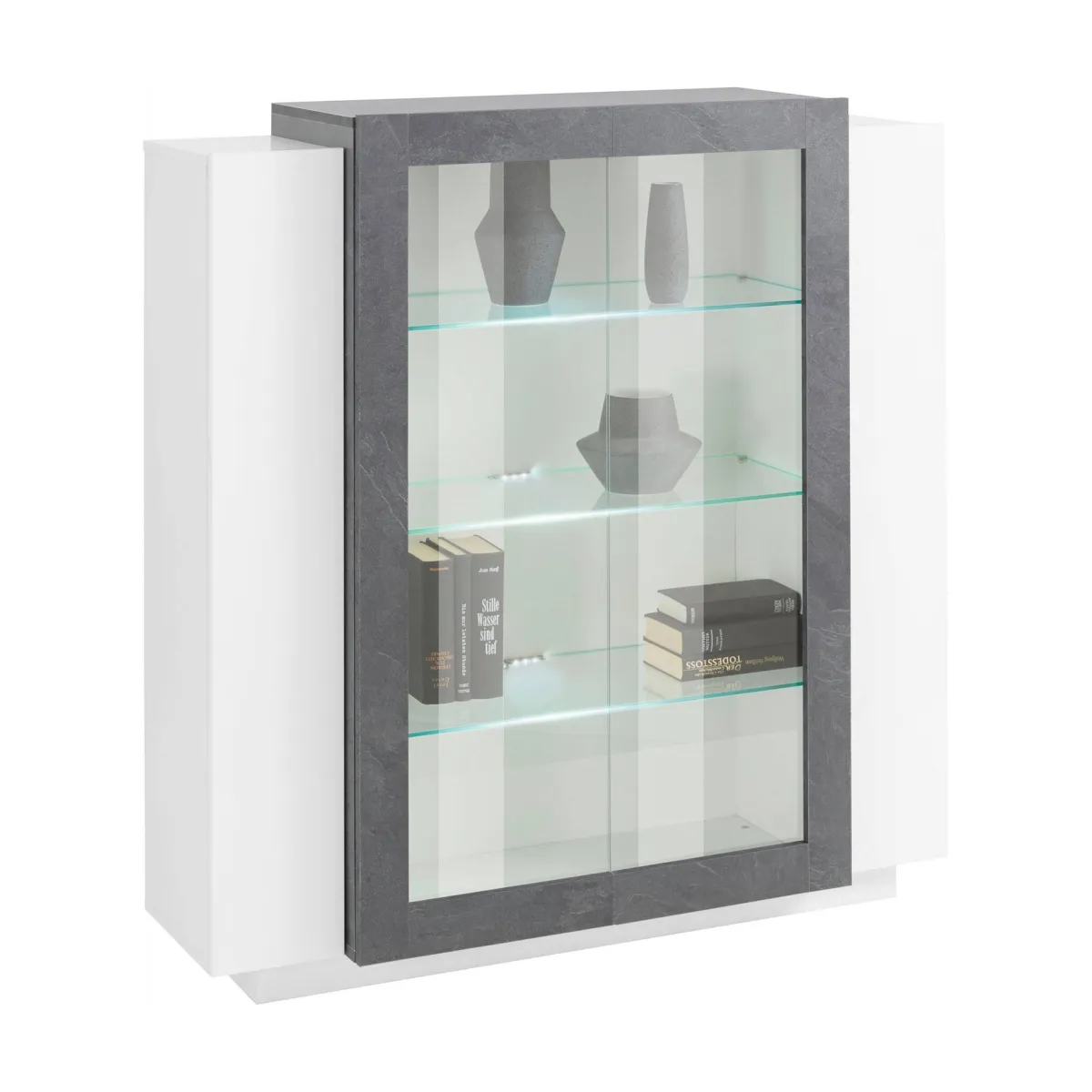 Cucina|Salotto > Dmora Mobile vetrina 2 ante 120x45x115h cm bianco lucido e ardesia - Austino Grigio Ardesia, Bianco Lucido