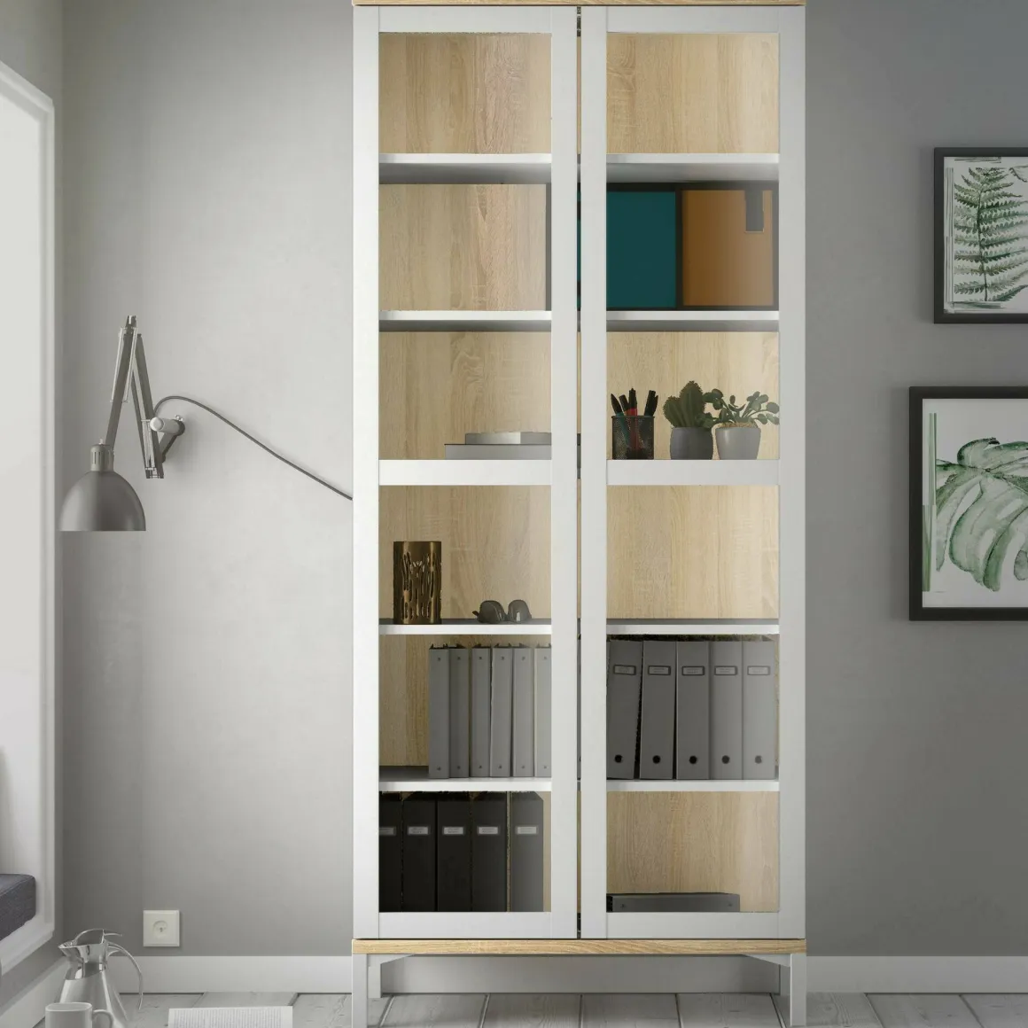Mobile vetrina 2 ante 88x36x202h cm bianco e quercia - Hudhud