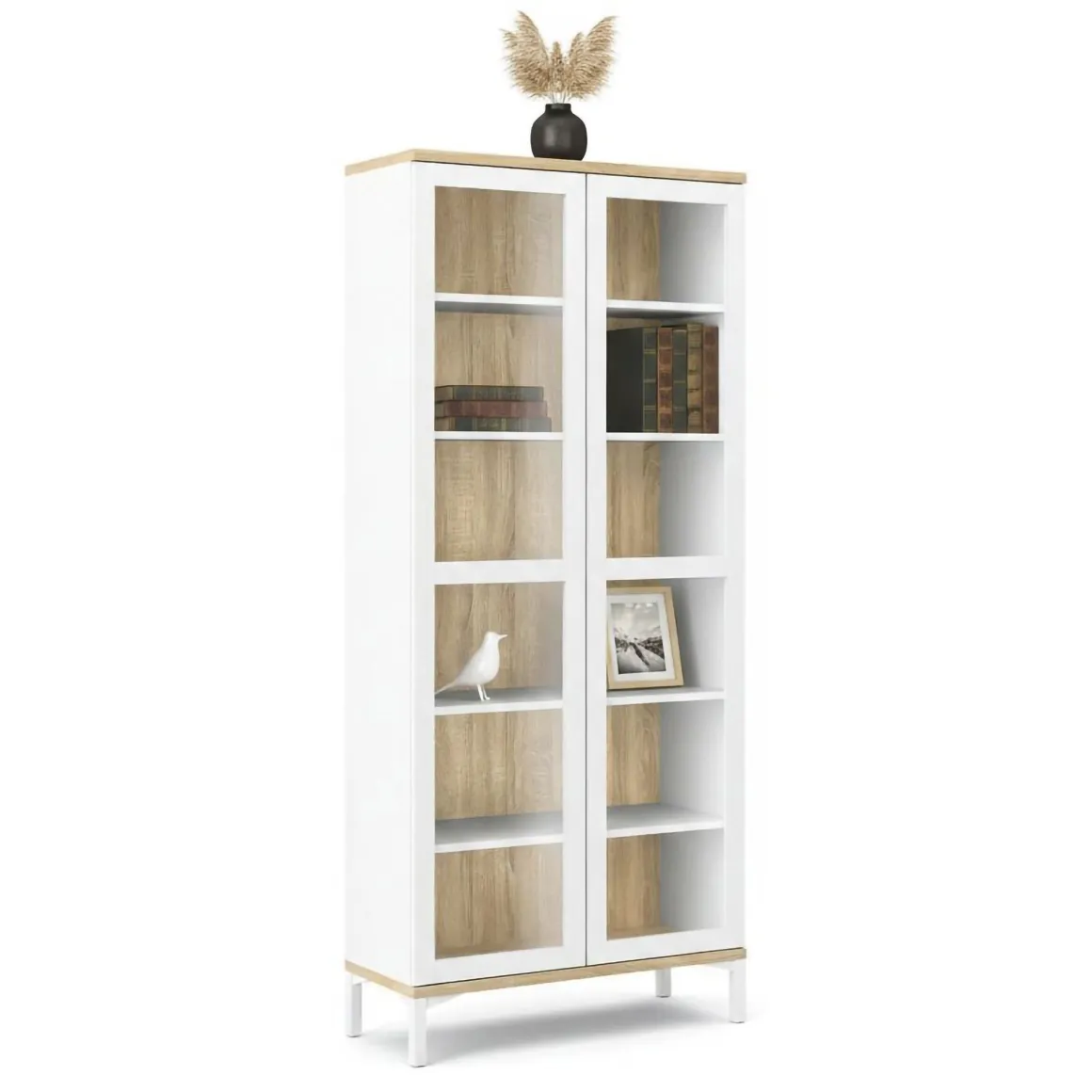 Mobile vetrina 2 ante 88x36x202h cm bianco e quercia - Hudhud