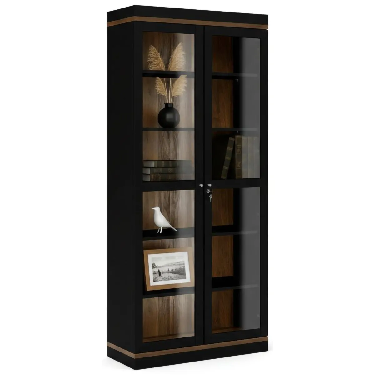 Vetrine > Dmora Mobile vetrina 2 ante 88x36x200h cm nero e noce - Axinte Marrone, Nero Noce