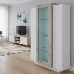 Mobile vetrina salotto 3 ante 80x38x121h cm bianco lucido e cemento - Ablaze
