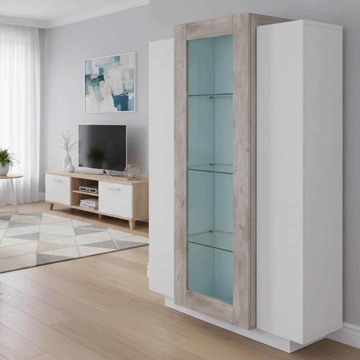 Mobile vetrina salotto 3 ante 80x38x121h cm bianco lucido e cemento - Ablaze
