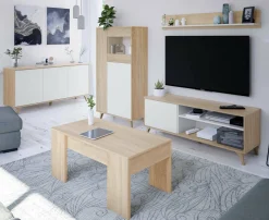 Vetrine|Cucina > Dmora Mobile vetrina soggiorno 3 ante 77x33x142h cm rovere e bianco - Altavista Bianco, Marrone Rovere