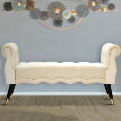 Panche > Dmora Panca Bianco Crema Nero in Velluto, con Braccioli e Dettagli Dorati Materiale Struttura in Tessuto 120x40x60h cm, Colore Seduta Bianco - Humahu Nero, Bianco Crema