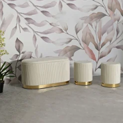 Panca Bianco Crema oro con due Sgabelli, Panca Contenitore Materiale Struttura in Metallo 80x37x42h cm, Colore Seduta Bianco - Soroti