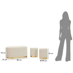 Panca Bianco Crema oro con due Sgabelli, Panca Contenitore Materiale Struttura in Metallo 80x37x42h cm, Colore Seduta Bianco - Soroti