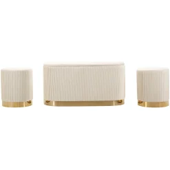 Panca Bianco Crema oro con due Sgabelli, Panca Contenitore Materiale Struttura in Metallo 80x37x42h cm, Colore Seduta Bianco - Soroti