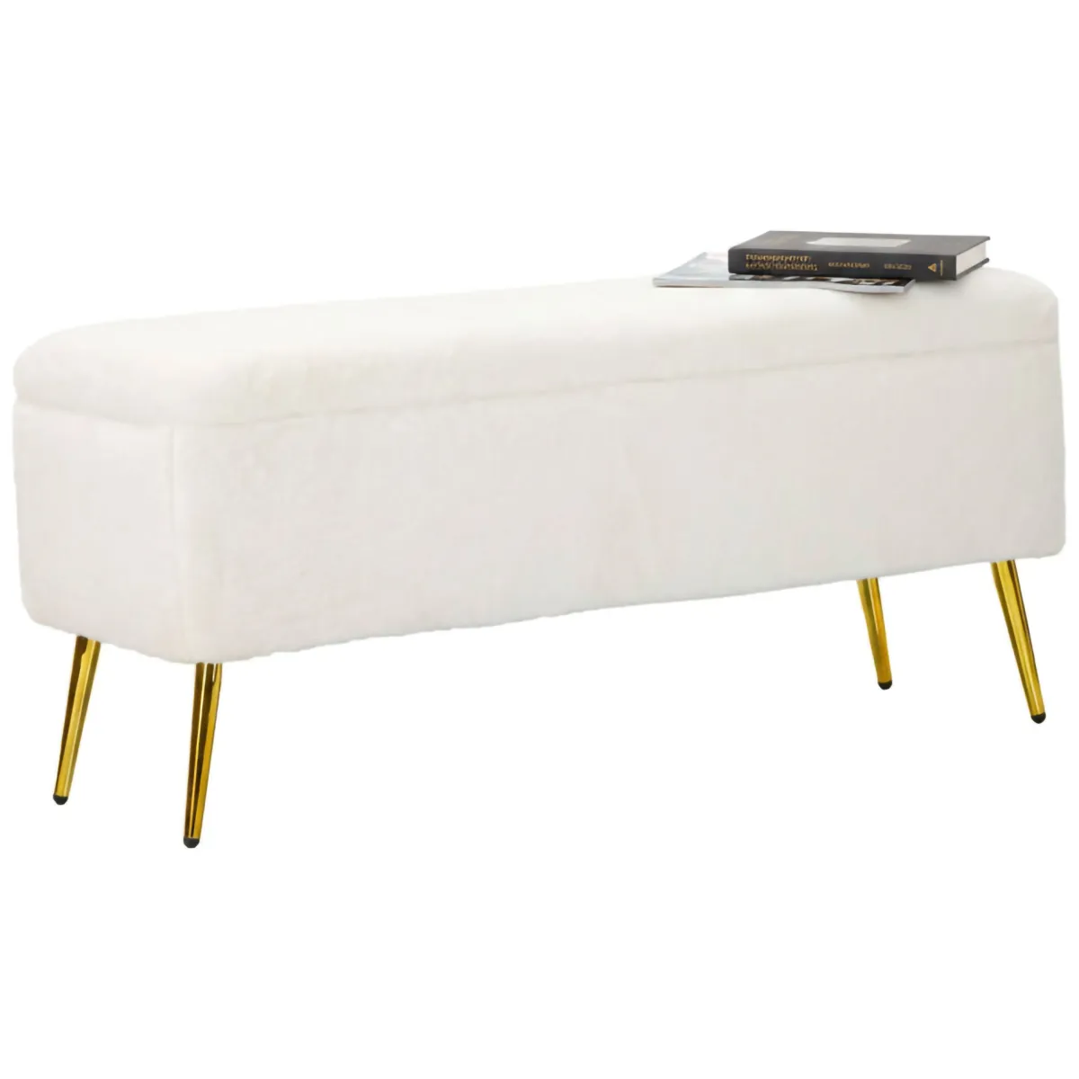Panche > Dmora Panca contenitore rivestita bianca e oro 112x42x50h cm - Aiano Oro, Bianco