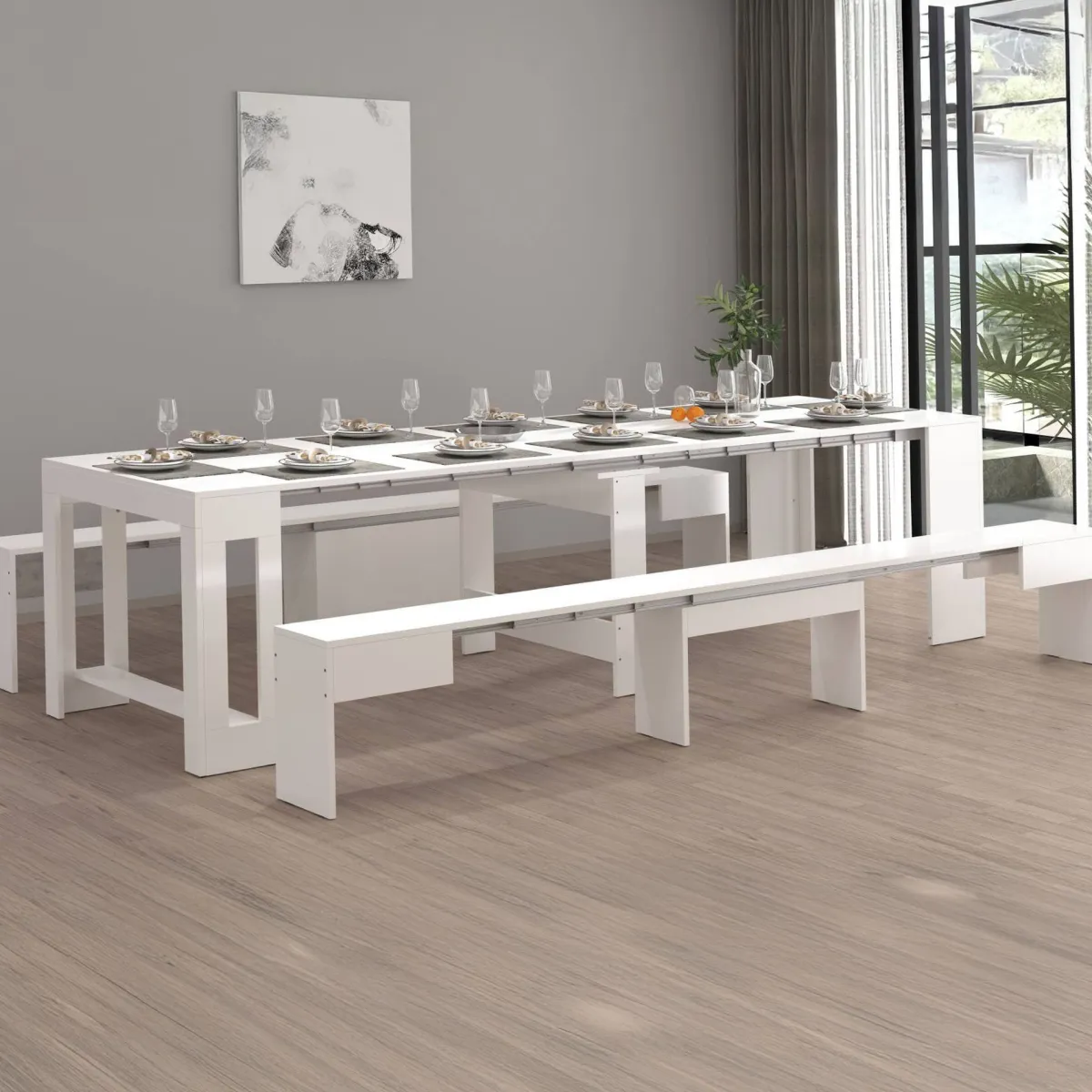 Panche > Dmora Panca estensibile bianca lucida 290x25x45h cm - Quedan Bianco Lucido