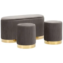 Panca Grigio Scuro oro con due Sgabelli, Panca Contenitore Materiale Struttura in Metallo 80x37x42h cm, Colore Seduta Grigio - Soroti