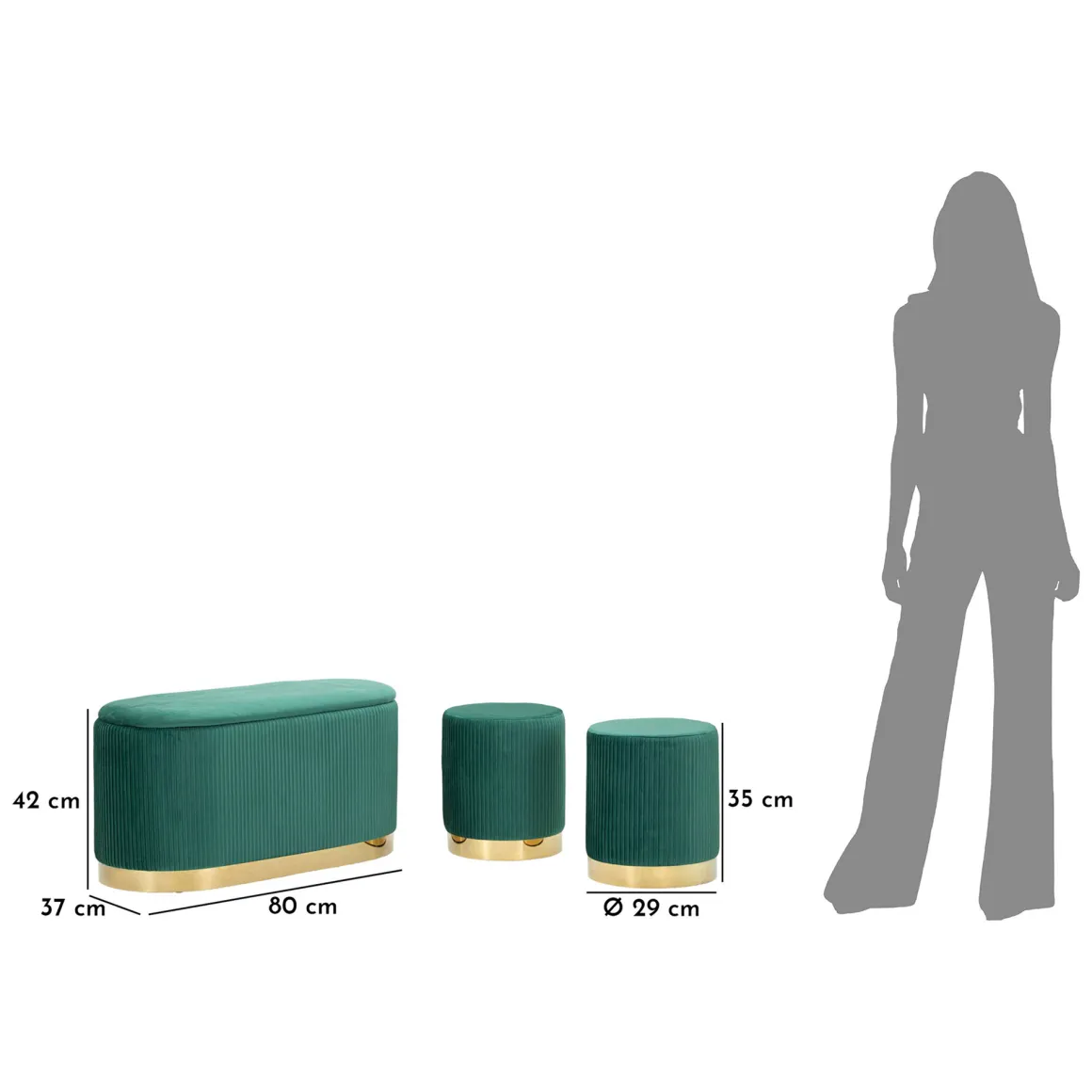 Panca Verde oro con due Sgabelli, Panca Contenitore Materiale Struttura in Metallo 80x37x42h cm, Colore Seduta Verde - Soroti