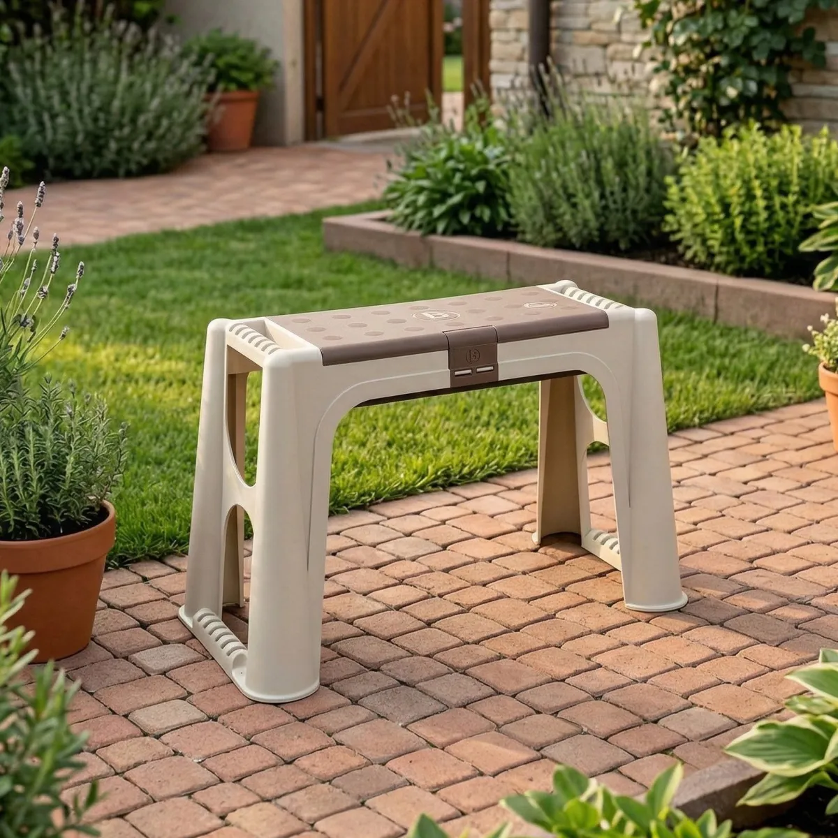 Panchine|Outdoor > Dmora Panchina da esterno Barry, 58x29h37 cm, e Marrone Beige
