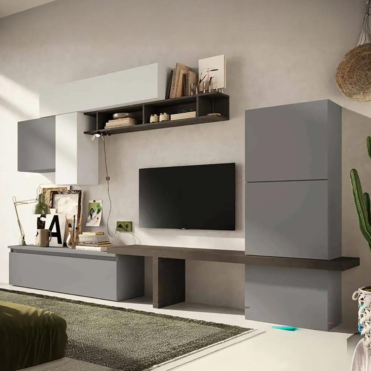 Pareti Attrezzate > Dmora Parete attrezzata 7 ante 295cm ardesia e grigia - Apollonie Bianco, Grigio Gesso