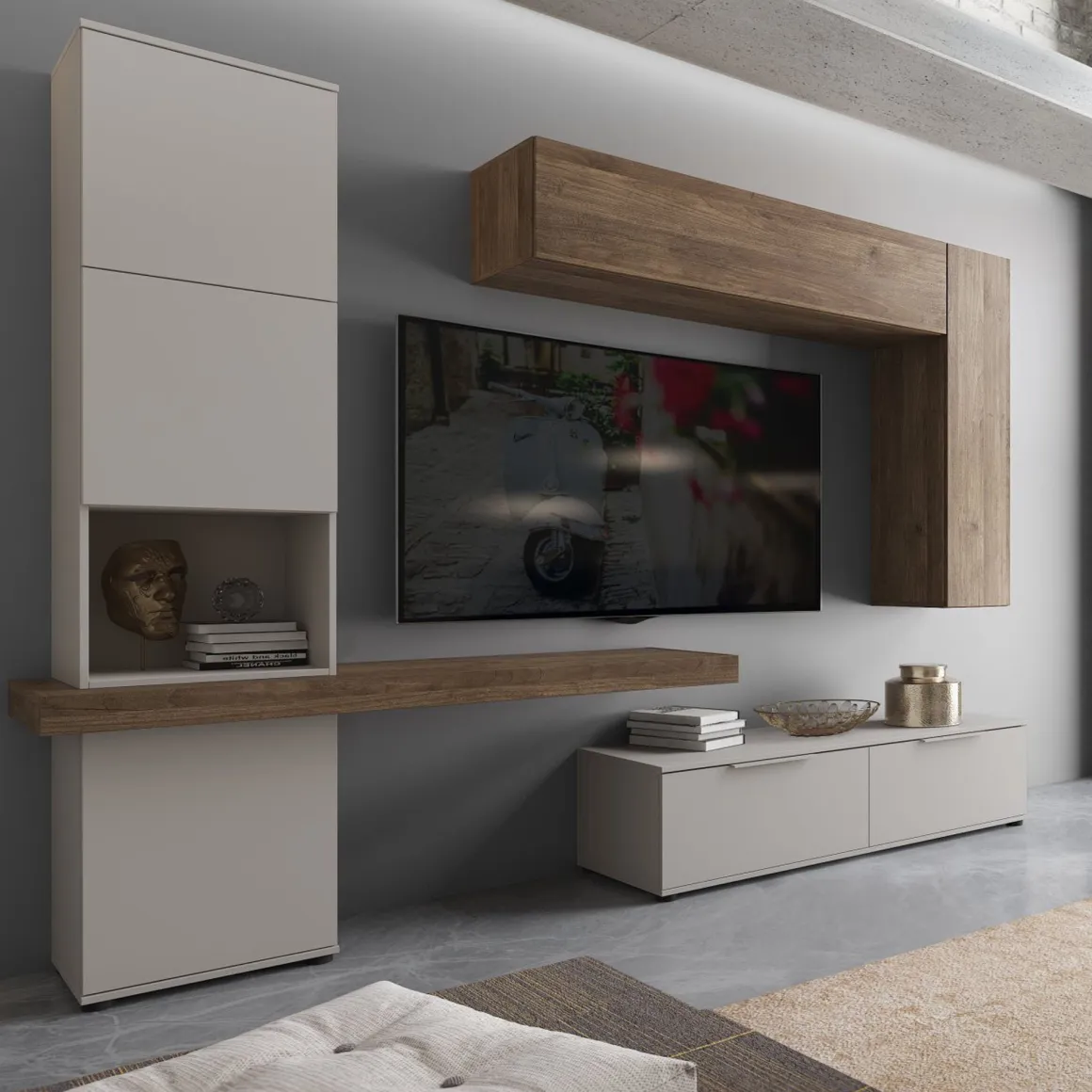 Pareti Attrezzate > Dmora Parete Attrezzata Beige Marrone Rovere Modulabile Apertura Standard, set Componibile Made in Italy - Pollina Marrone, Beige Rovere
