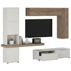 Parete Attrezzata Beige Marrone Noce Modulabile 2 Cassetti, 9 Ripiani - Riccia