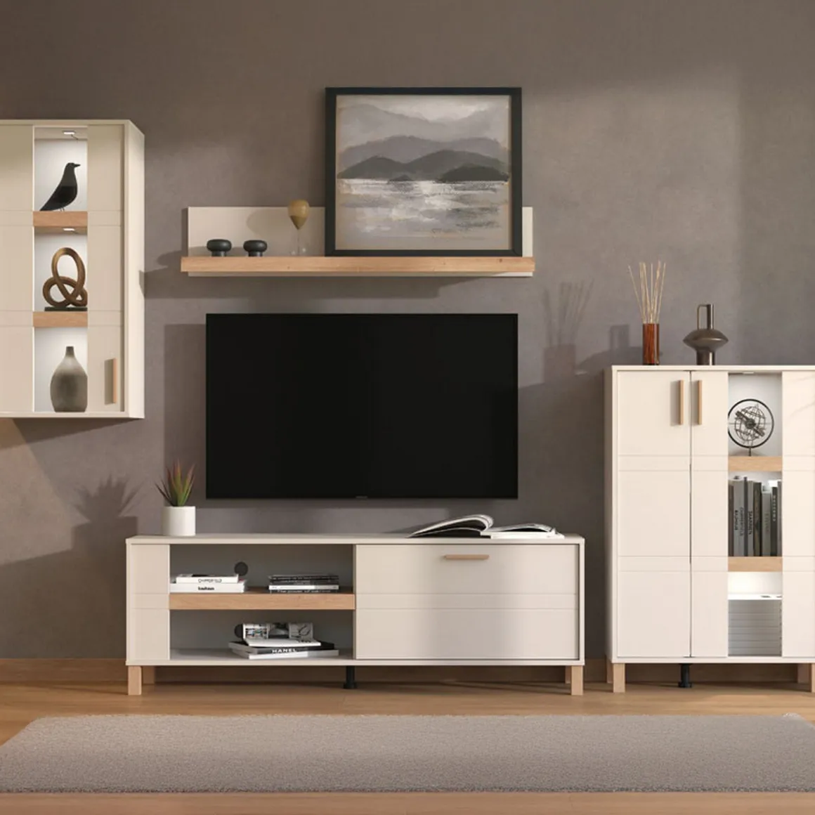 Parete Attrezzata Bianco Crema Marrone Rovere Modulabile 7 Ripiani 289x40x181.5h cm, 9 Vani - Fallo