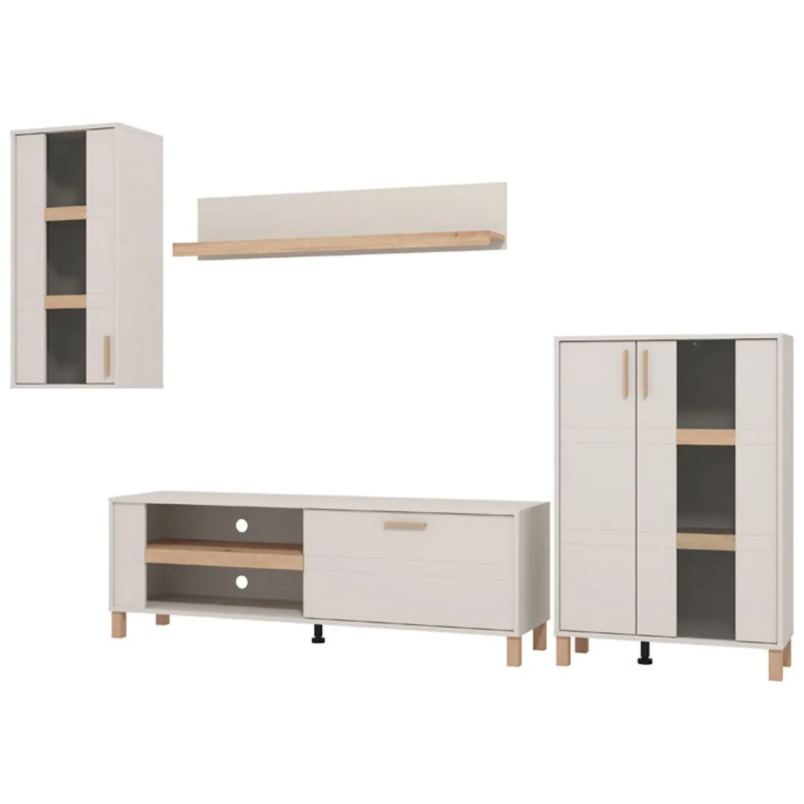 Parete Attrezzata Bianco Crema Marrone Rovere Modulabile 7 Ripiani 289x40x181.5h cm, 9 Vani - Fallo