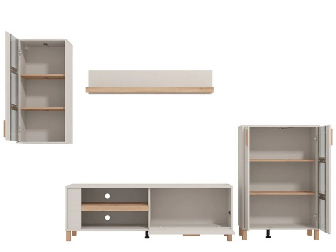 Parete Attrezzata Bianco Crema Marrone Rovere Modulabile 7 Ripiani 289x40x181.5h cm, 9 Vani - Fallo