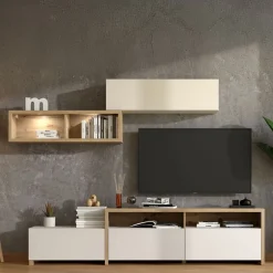 Parete Attrezzata Bianco Crema Marrone Rovere Nodi 6 Ripiani Modulabile 237.5x41.5x160.5h cm, 9 Vani - Tiana