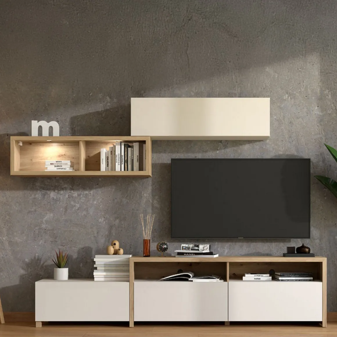 Parete Attrezzata Bianco Crema Marrone Rovere Nodi 6 Ripiani Modulabile 237.5x41.5x160.5h cm, 9 Vani - Tiana