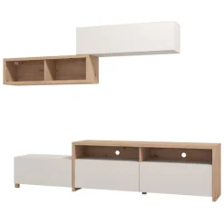Parete Attrezzata Bianco Crema Marrone Rovere Nodi 6 Ripiani Modulabile 237.5x41.5x160.5h cm, 9 Vani - Tiana