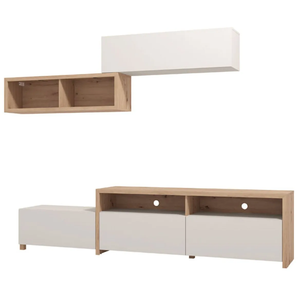 Parete Attrezzata Bianco Crema Marrone Rovere Nodi 6 Ripiani Modulabile 237.5x41.5x160.5h cm, 9 Vani - Tiana