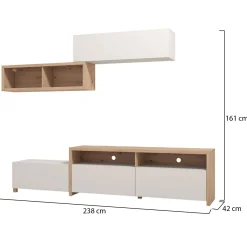 Parete Attrezzata Bianco Crema Marrone Rovere Nodi 6 Ripiani Modulabile 237.5x41.5x160.5h cm, 9 Vani - Tiana