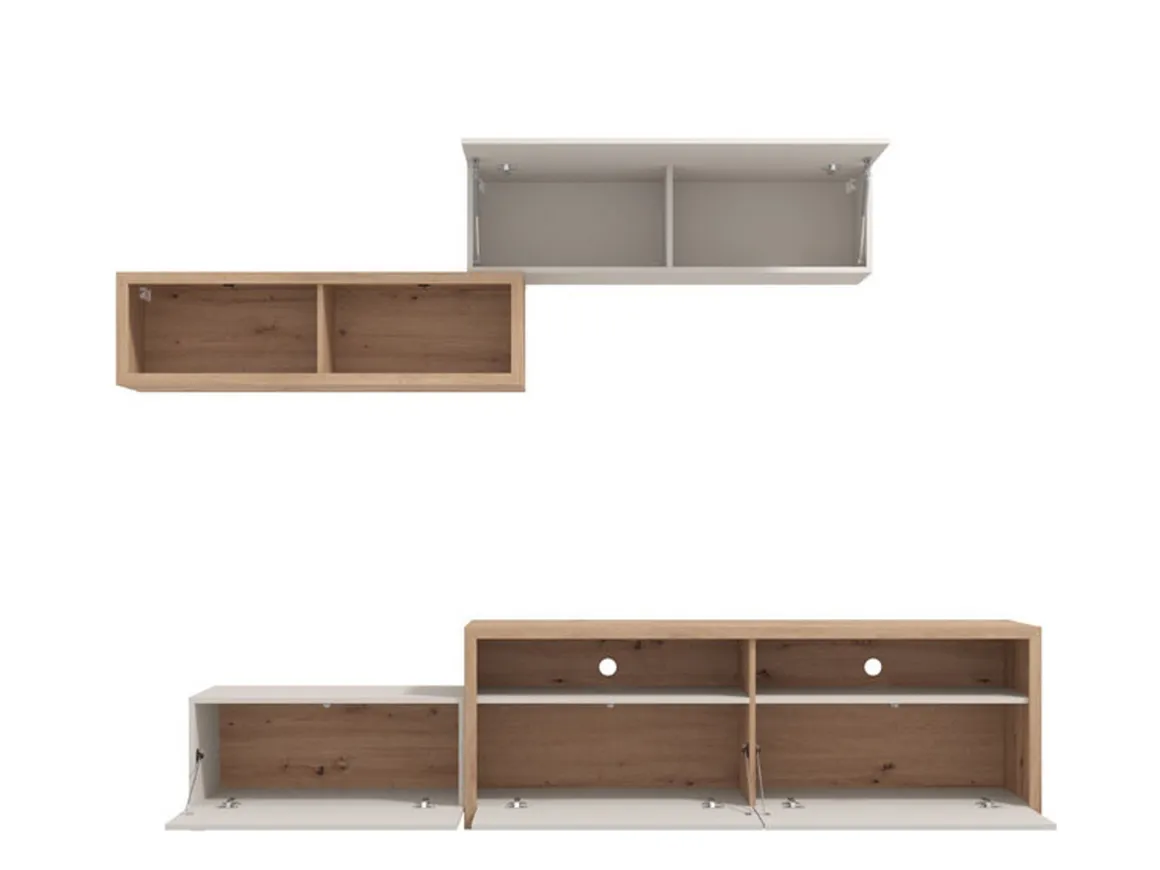 Parete Attrezzata Bianco Crema Marrone Rovere Nodi 6 Ripiani Modulabile 237.5x41.5x160.5h cm, 9 Vani - Tiana