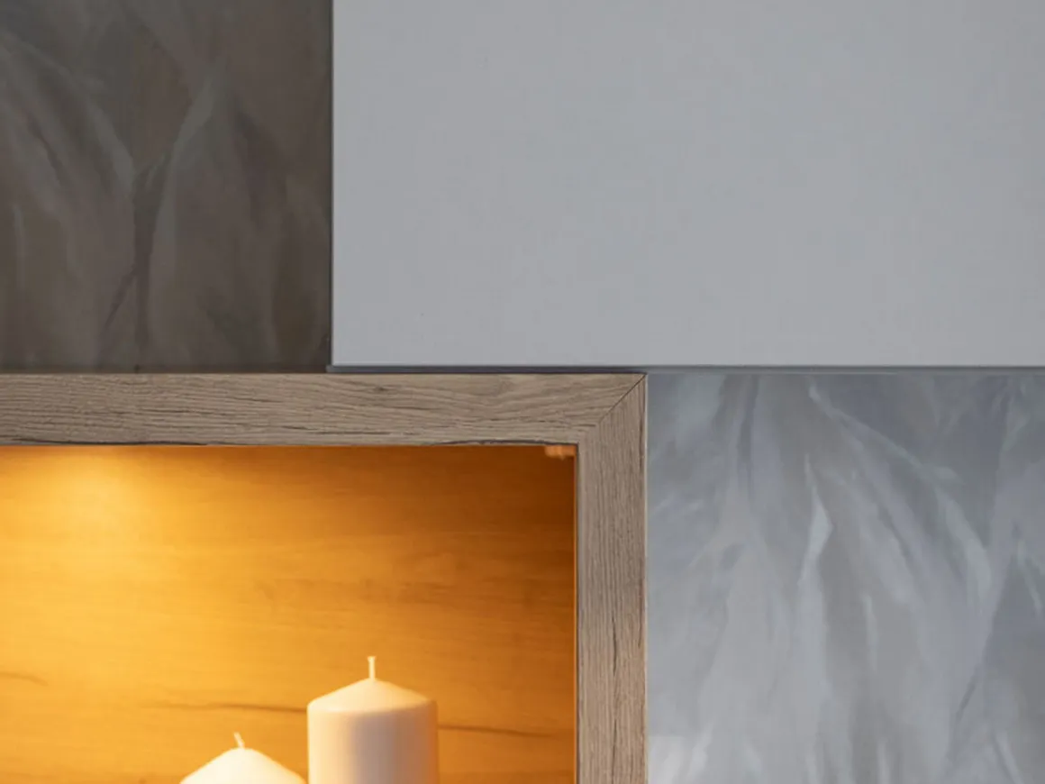 Parete Attrezzata Bianco Crema Marrone Rovere Nodi 6 Ripiani Modulabile 237.5x41.5x160.5h cm, 9 Vani - Tiana