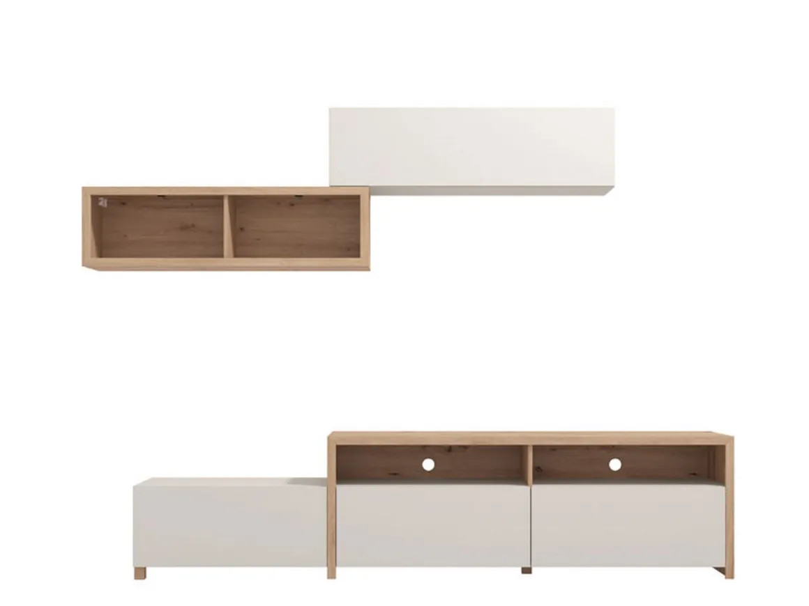 Parete Attrezzata Bianco Crema Marrone Rovere Nodi 6 Ripiani Modulabile 237.5x41.5x160.5h cm, 9 Vani - Tiana