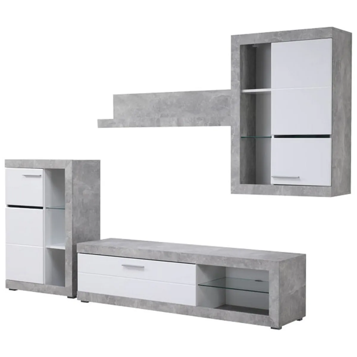 Pareti Attrezzate > Dmora Parete Attrezzata Bianco Grigio Cemento 10 Ripiani 3 Ante 266.5x41.5x186h cm, Ripiani in Vetro - Dongo Grigio, Bianco Cemento