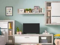 Pareti Attrezzate > Dmora Parete Attrezzata Bianco Grigio Cemento 10 Ripiani 3 Ante 266.5x41.5x186h cm, Ripiani in Vetro - Dongo Grigio, Bianco Cemento