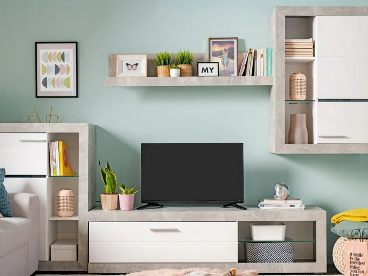 Pareti Attrezzate > Dmora Parete Attrezzata Bianco Grigio Cemento 10 Ripiani 3 Ante 266.5x41.5x186h cm, Ripiani in Vetro - Dongo Grigio, Bianco Cemento