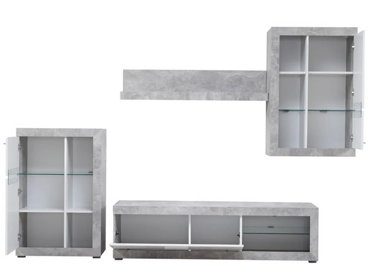 Pareti Attrezzate > Dmora Parete Attrezzata Bianco Grigio Cemento 10 Ripiani 3 Ante 266.5x41.5x186h cm, Ripiani in Vetro - Dongo Grigio, Bianco Cemento