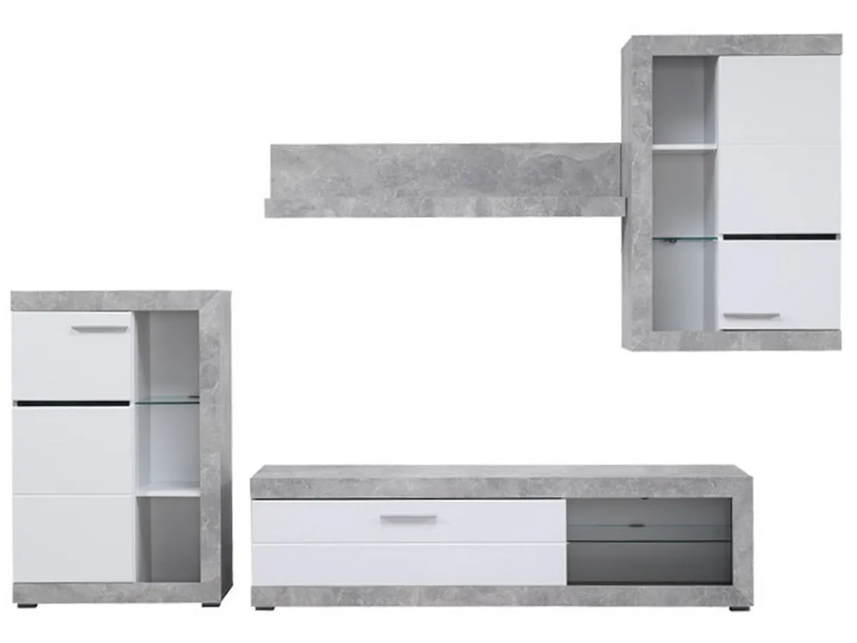Pareti Attrezzate > Dmora Parete Attrezzata Bianco Grigio Cemento 10 Ripiani 3 Ante 266.5x41.5x186h cm, Ripiani in Vetro - Dongo Grigio, Bianco Cemento
