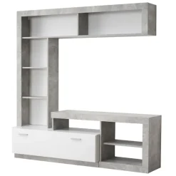 Parete Attrezzata Bianco Grigio Cemento 7 Ripiani 10 Vani 170.5x41.5x170.5h cm, Un'anta - Moggio