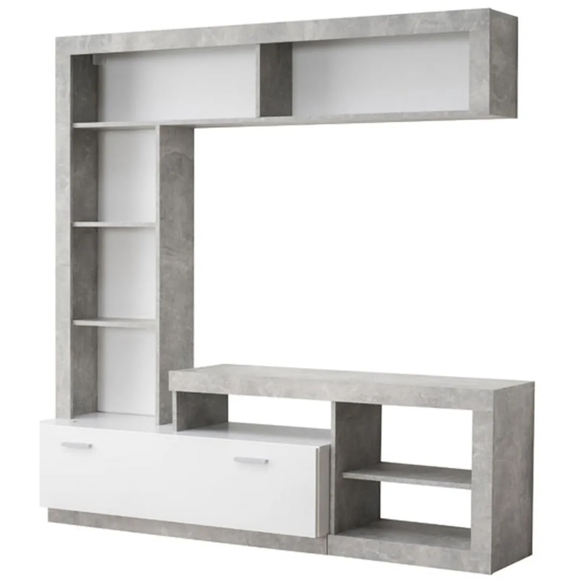 Parete Attrezzata Bianco Grigio Cemento 7 Ripiani 10 Vani 170.5x41.5x170.5h cm, Un'anta - Moggio