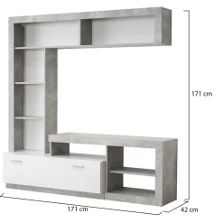 Parete Attrezzata Bianco Grigio Cemento 7 Ripiani 10 Vani 170.5x41.5x170.5h cm, Un'anta - Moggio