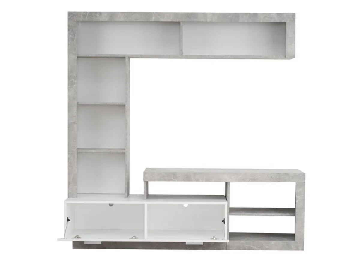 Parete Attrezzata Bianco Grigio Cemento 7 Ripiani 10 Vani 170.5x41.5x170.5h cm, Un'anta - Moggio