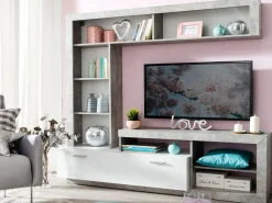 Parete Attrezzata Bianco Grigio Cemento 7 Ripiani 10 Vani 170.5x41.5x170.5h cm, Un'anta - Moggio